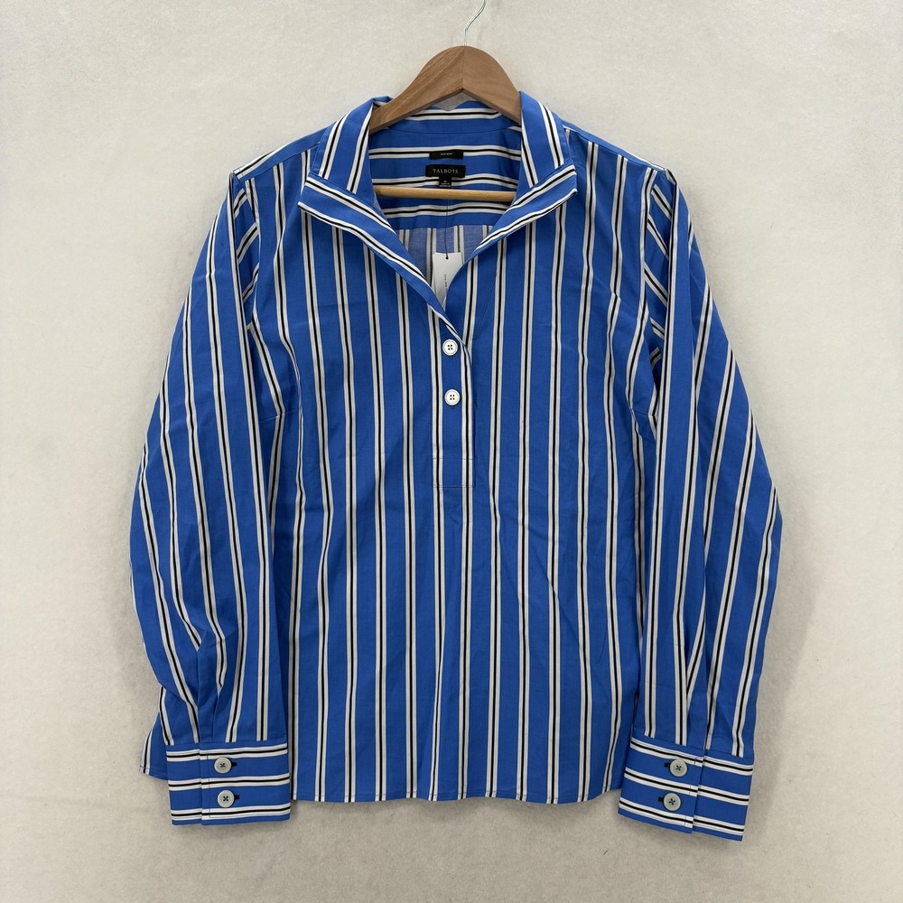 Talbots Blouse Womens Medium Blue Non Iron Stripe Long Sleeve Button Popover Top